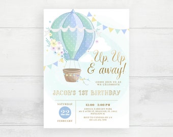 Blue Hot Air Balloon Invitation Up Up and Away First Birthday Invite Boy Travel Theme Birthday Invitations Adventure Awaits Birthday Party