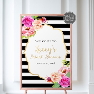 Peony Bridal Shower Welcome Sign, Floral Bridal Shower Sign, Black and White Stripes Welcome Sign, Modern Welcome Sign, Wedding Welcome Sign