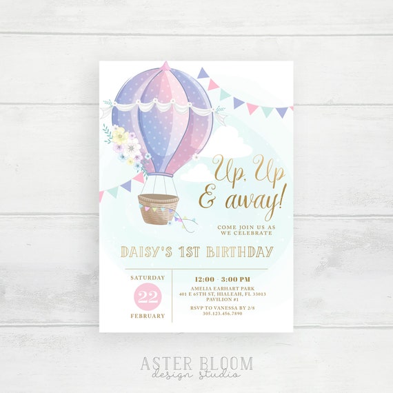 Up, Up and Away First Birthday Invitation Hot Air Balloon Invite Travel Adventure Theme Birthday Invitations Adventure Awaits Birthday Party Il_570xn
