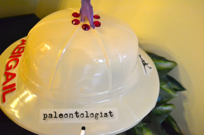 Personalized Paleontologist Dinosaur Archeologist Dino Dig Egg Hunt Explorer Pith Birthday Party Favor Hat with Dinosaur and Faux Foliage
