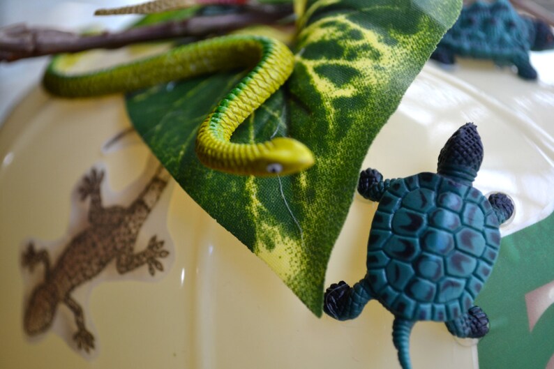 Reptile Expert Personalized Reptile Birthday Party Helmet Birthday Hat with Reptile Stickers and Reptile turtles snakes lizards faux foliage