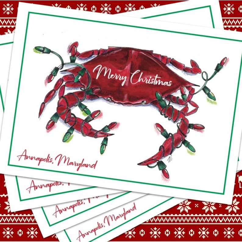 blank inside 14 Envelopes Annapolis Maryland Dozen 5x7 Virginia Red Crab Coastal Stationary Set Cards Personalized Christmas Crab