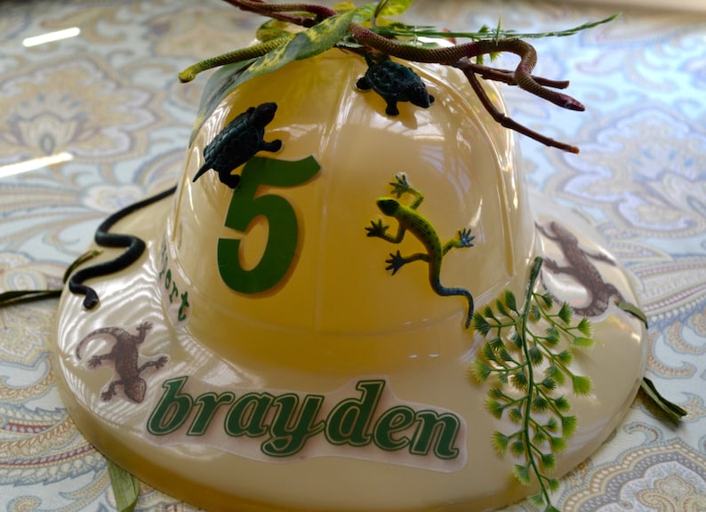 Reptile Expert Personalized Reptile Birthday Party Helmet Birthday Hat with Reptile Stickers and Reptile turtles snakes lizards faux foliage
