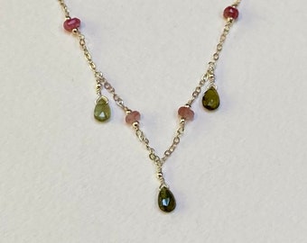 Tourmaline necklace pink and green with tear drop briolette and rondelle beads in sterling silver