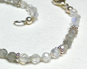 Rainbow moonstone and labradorite beaded bracelet with sterling silver accents and clasp