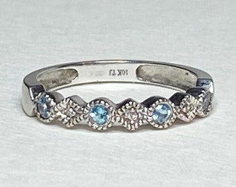 Blue Topaz and natural Diamond migraine anniversary band ring in solid 10k white gold