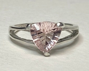 Natural Morganite fancy trillion cut ring in sterling silver