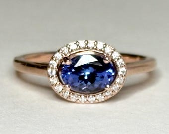 Tanzanite AAA and Canadian Diamond Halo Stackable Ring in Solid 14k Rose Gold East West Set size 6.75