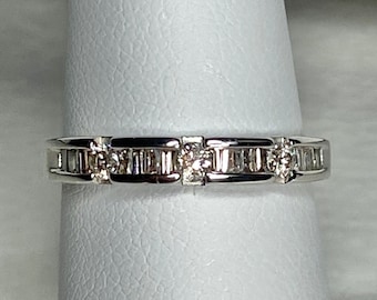 Baguette and Round Natural Diamond Anniversary Stacker Band Ring Solid 14k white gold size 7