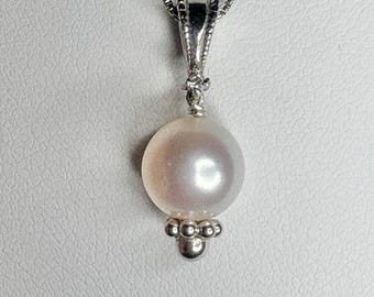 Akoya Cultured Pearl and Diamond Pendant Necklace in Sterling Silver 18"