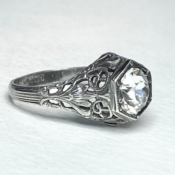 Antique Art Deco Nouveau sterling silver filigree ring with European cut crystal
