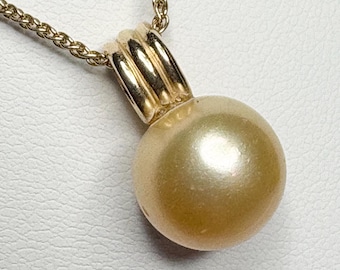 South Sea Golden Cultured Pearl Pendant Necklace Solid 14k Gold 20"