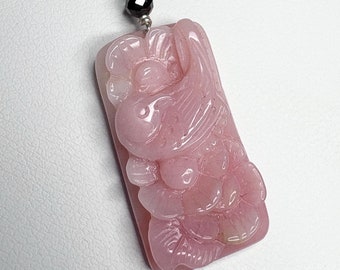 Peruvian Pink Opal and Black Diamond Carved Pendant Dove Blossoms Solid Sterling Silver 16"
