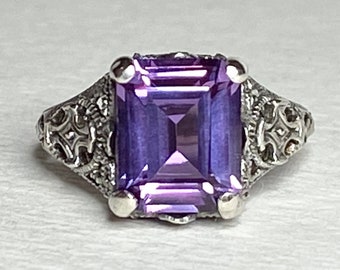 Art Deco Synthetic Color Change Sapphire Filigree Ring Sterling Silver size 6.75