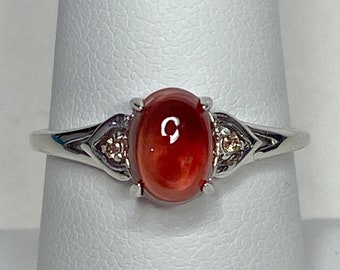 Red Oregon Sunstone and Natural Diamond Ring in Sterling Silver size 8