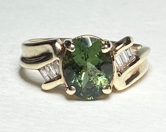 Moldavite and Baguette Diamond  Ring Solid 10k gold ring