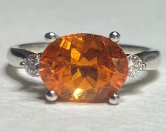 Spessartite Garnet and lab-grown diamond ring sterling silver size 6 3/4