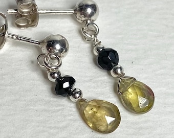 Natural black and yellow tourmaline dangle drop earrings in solid sterling silver