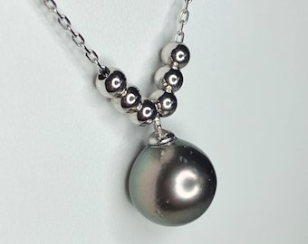 Tahitian Cultured Pearl Pendant Necklace with Beads in Sterling Silver Adjustable Chain