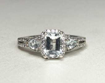 Aquamarine and White Zircon Halo 3 Stone Ring in Sterling Silver size 7