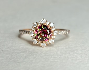 Spectral Mystic Quartz and Crystal Ring Halo Solid 18k Rose Gold size 7