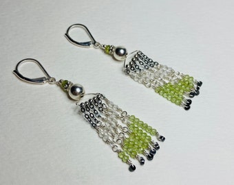 Fringe dangle drop lever back earrings peridot, vesuvianite, quartz and hematite