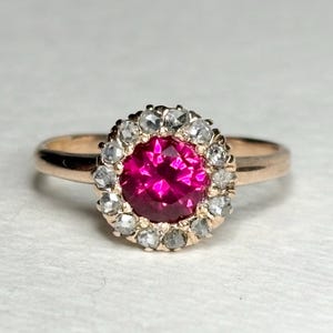 Antique Lab Grown Ruby Natural Diamond Halo Ring Solid 10k Gold size 6.25