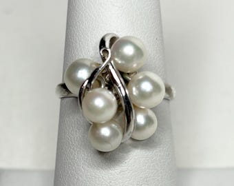 Retro Japanese Akoya Cultured Pearl Cluster Ring in Sterling Silver size 6.75