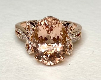 Solid 18k natural morganite and diamond bow ring in rose gold stunning piece