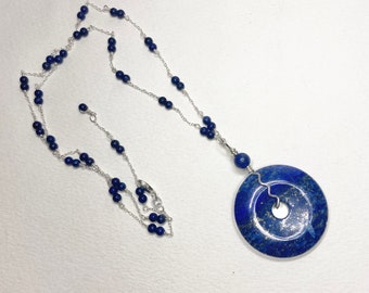Lapis Lazuli Sterling Silver Donut Pi Removable Pendant Necklace Beaded Sterling Silver Adjustable 22"