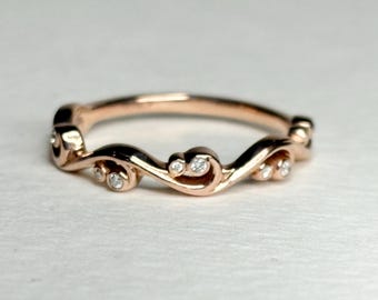 Diamond Bezel Set Swirl Band Ring Solid 14k Rose Gold size 7