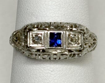 Art Deco Synthetic Sapphire Natural Diamond Band Ring Solid 18k White Gold size 6.5