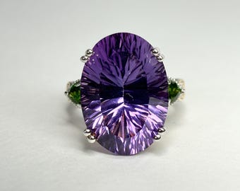 Huge Amethyst and Chrome Diopside Statement Ring 2 Tone Sterling Silver size 8
