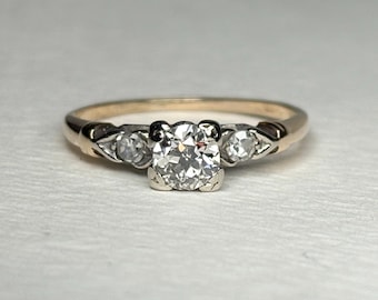 Retro Transition Cut Diamond Engagement Ring Two Tone 14k Gold size 5.25