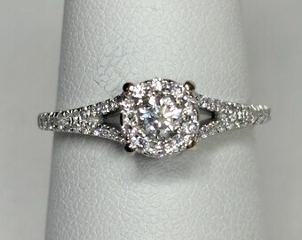 Diamond Halo Split Shank Ring Solid 14k White Gold 2.4g size 6.5