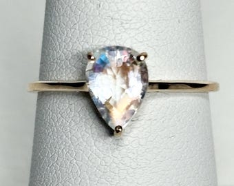 Madagascar Rainbow Moonstone Pear Solitaire Ring 9k Gold size 7