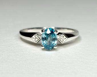 Blue and White Natural Zircon Ring Sterling Silver size 7