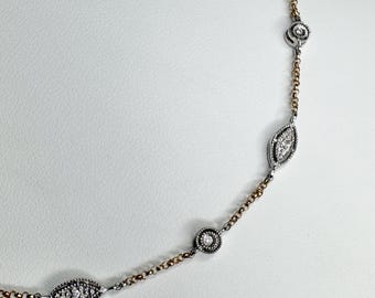 Vintage Two Toned Diamond Milgrain Station Necklace 14k Gold  5g Adjustable 16/17/18"