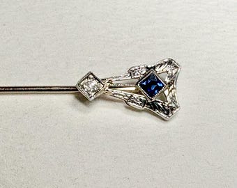 Art Deco Sapphire and Diamond Stick Hat Pin Solid 14k White Gold