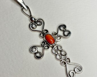 Vintage Large Coral Hand Forged Southwest Cross Pendant Sterling Silver