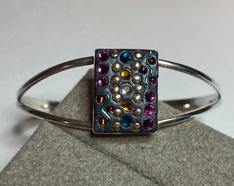 Fun and funky solid sterling silver cuff bracelet featuring Swarovski crystals and more OOAK