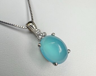 Untreated Paraiba Brazilian Chalcedony Diamond Pendant Necklace Solid 14k White Gold with 10k Chain 18"