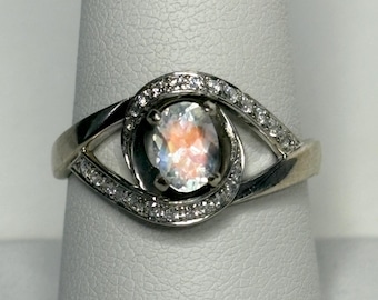 Madagascar Rainbow Moonstone Diamond Bypass Shane Co Ring Solid 14k White Gold size 8.25