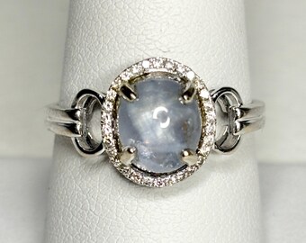 White Star Sapphire and Diamond Halo Ring Solid 14k White Gold size 9.25