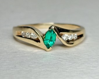 Marquise Synthetic Lab Emerald and Natural Diamond Ring in Solid 10k Gold size 7.25