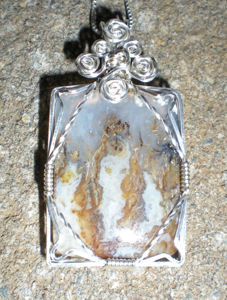 Idaho Plume/Flame Agate Graveyard Point material sterling silver wire wrapped pendant image 3