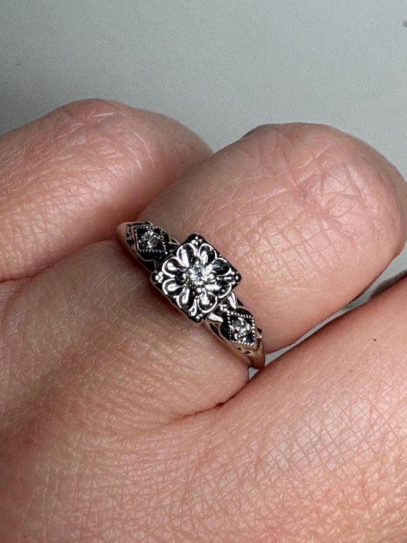 Retro Diamond Solitaire Ring Solid 14k White Gold… - image 3