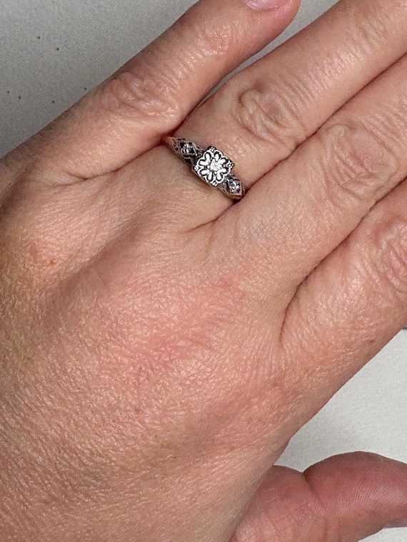 Retro Diamond Solitaire Ring Solid 14k White Gold… - image 2