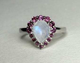 Rainbow Moonstone and Rhodolite Garnet Pear Teardrop Halo Ring in Sterling Silver size 8
