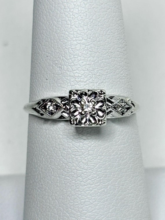 Retro Diamond Solitaire Ring Solid 14k White Gold… - image 6